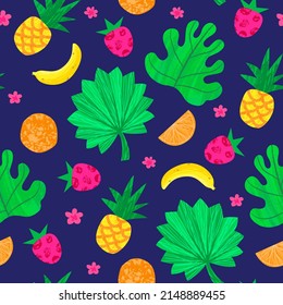 Tropical exotic seamless pattern with green leaaves, fruits. Endless texture for fabric print, wallpaper.