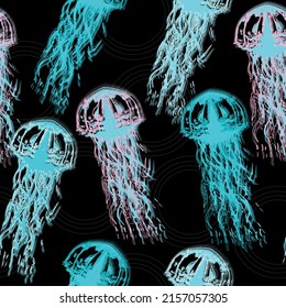 Tropical exotic seamless pattern with jellyfish and tropical leaves. Underwater animal illustration. Hand drawn realistic medusa .Abstract fantasy.