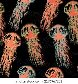 Tropical exotic seamless pattern with jellyfish and tropical leaves. Hand-drawn vintage illustration. 