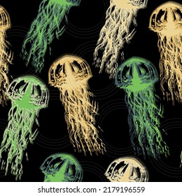 Tropical exotic seamless pattern with jellyfish and tropical leaves. Hand-drawn vintage illustration. 