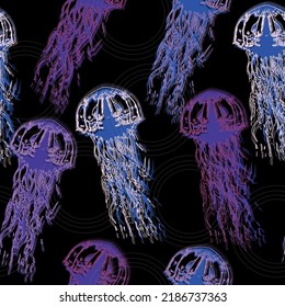 Tropical exotic seamless pattern with jellyfish and tropical leaves. Underwater animal illustration. Hand drawn realistic medusa .Abstract fantasy.