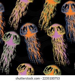 Tropical exotic seamless pattern with jellyfish and tropical leaves. Underwater animal illustration. Hand drawn realistic medusa .Abstract fantasy.