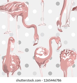 Tropical exotic seamless pattern. Light pink Flamingos on a silver polka dot background. Textile composition, hand drawn style print. Vector illustration.