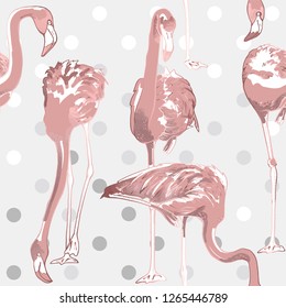 Tropical exotic seamless pattern. Light pink Flamingos on a silver polka dot background. Textile composition, hand drawn style print. Vector illustration.