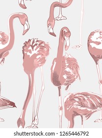 Tropical exotic seamless pattern. Light pink Flamingos on a gray background. Textile composition, hand drawn style print. Vector illustration.