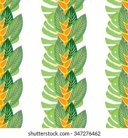 Tropical exotic seamless pattern with palm leaves & exotic flowers. Vector.