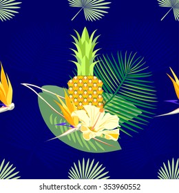 Tropical exotic seamless pattern with palm leaves, flowers, pineapples & parrots. Vector.