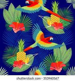 Tropical exotic seamless pattern with palm leaves, flowers, pineapples & parrots. Vector.
