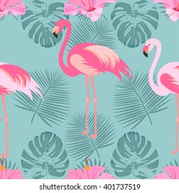 Tropical, exotic seamless pattern with palm leaves, exotic birds and flowers. Vector.