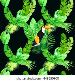 Tropical, exotic seamless pattern with palm leave, parrots and toucans. Vector.