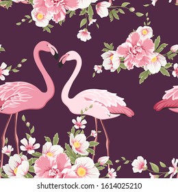 Tropical exotic seamless pattern with pink flamingo and anemones flowers. 