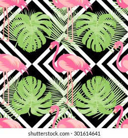 Tropical exotic seamless pattern with pink flamingos and palm leaves. Vector.