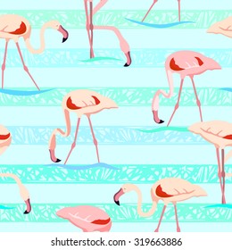 Tropical exotic seamless pattern with pink flamingos. Vector.