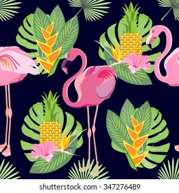 Tropical exotic seamless pattern with pink flamingos and palm leaves. Vector.