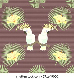 Tropical, exotic seamless pattern with white parrot, palm leaves, flowers. Vector.