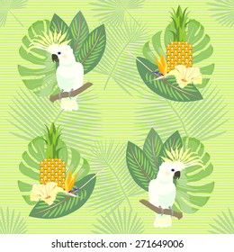 Tropical, exotic seamless pattern with white parrot, palm leaves. Vector.