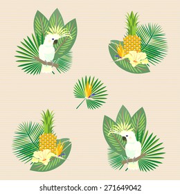 Tropical, exotic seamless pattern with white parrot, palm leaves, flowers. Vector.