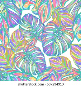 Tropical exotic seamless vector pattern in fashion trend pastel shades. Hand-drawn fantastic multicolor leaves a black background.