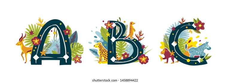 Tropical exotic set of letters ABC, african animals, flowers. Cute cartoon flat style font, concept illustration isolated on white background. Vector
