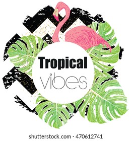 Tropical exotic summer print with palm leaves and flamingo