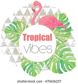 Tropical exotic summer print with palm leaves and flamingo