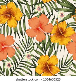 Tropical exotic tender lovely flowers hibiscus pink yellow vintage plumeria color palm leaves green floral summer seamless vector pattern illustration