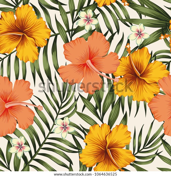 熱帯のエキゾチックな優しい花ハイビスカスピンクの黄色いビンテージプルメリアのカラーヤシの葉緑の花の夏のシームレスなベクター画像パターンイラスト のベクター画像素材 ロイヤリティフリー