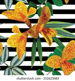 tropical exotic yellow spots flowers with leaves, striped background