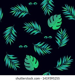 Tropical exotical vector background with palm lesves. Seamless pattern. 