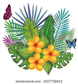 tropical and exotics flowers with butterflies