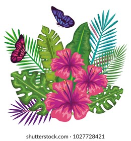 tropical and exotics flowers with butterflies