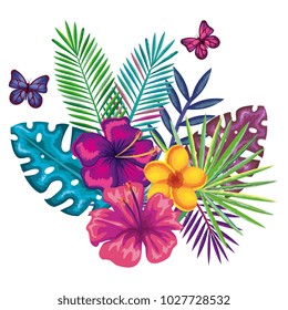 tropical and exotics flowers with butterflies