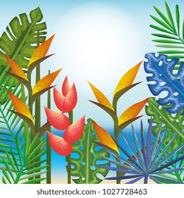 tropical and exotics flowers and leafs over beach background