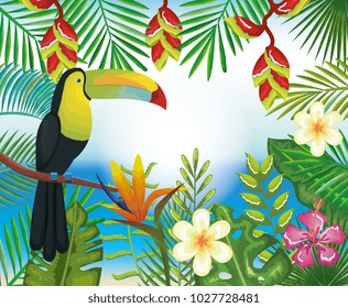 tropical and exotics flowers with toucan