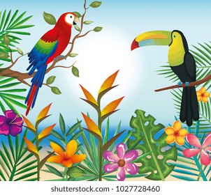 tropical and exotics flowers with toucan and parrot