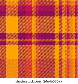 Tropical fabric vector texture, classic textile background check. Suit plaid tartan seamless pattern in orange and pink colors.