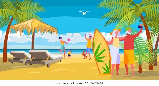 Tropical family vacation. Retired tourist couple taking selfie with surfboard flat vector illustration. Travel, recreation, beach concept for banner, website design or landing web page