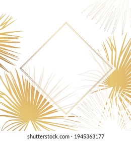 Tropical fan palm leaves card template on white background. Elegant decorative floral frame. Good for sales, design of postcards, packaging, covers, cases and other surfaces.