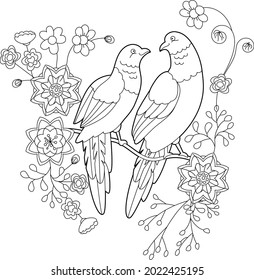 Tropical fancy birds. Black and white picture with parrots. Contour linear illustration for coloring book with paradise birds. Line art design for adult or kids  in zentangle style and coloring page.