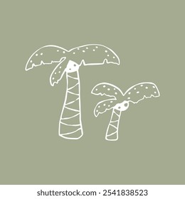 Tropical fantasy palm tree in hand drawn sketch style. Childish simple vector illustration. Black marker isolated on white background. White outline on green olive background