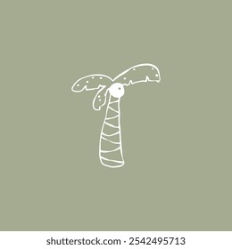 Tropical fantasy palm tree in hand drawn sketch style. Childish simple vector illustration. Black marker isolated on white background. White outline on green olive background