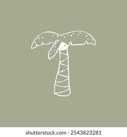 Tropical fantasy palm tree in hand drawn sketch style. Childish simple vector illustration. Black marker isolated on white background. White outline on green olive background