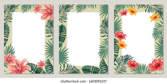 Tropical, fashionable, congratulation or invitation card, flyers, template design with tropical flowers and green palm leaves. Set of posters, flyer brochures, covers, set of advertising.