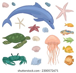 Tropical fauna doodles set. Collection of exotic fish, sea animals. Colored vector illustration in cartoon style. Modern cliparts isolated on white.