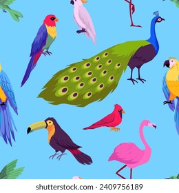 Tropical fauna vector seamless pattern on blue background. Jungle hummingbird, toucan, Ara parrot, peacock, flamingo and red cardinal birds. Beautiful exotic design for fabric, textile