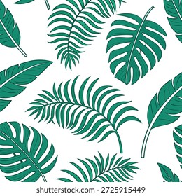 Padrão de azulejos sem costura de samambaia tropical com grandes samambaias tropicais e folhas de banana em tons verdes vibrantes em um fundo branco perfeito para o conceito de espaços vivos como Grandes samambaias tropicais e folhas de banana em tons verdes vibrantes no fundo branco criar padrão de azulejos sem costura tropical para espaços vivos no Conceito de Stock de Foto e espaço vazio no lado esquerdo, sem texto —ar 7:2 —tile
