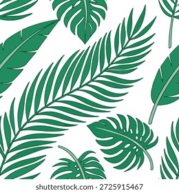 Padrão de azulejos sem emenda de samambaia tropical com grandes frondes e folhas de palma em tons verdes vibrantes em um fundo branco perfeito para salas de estar animadas conceito como Grandes frondes e folhas de palma em tons verdes vibrantes no fundo branco criar padrão de azulejos sem emenda tropical para salas de estar animadas no Conceito Photo Stock e espaço vazio no lado esquerdo, sem texto —ar 7:2 —tile