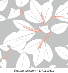 Tropical ficus elastica branches hand drawn seamless pattern. Botanical trendy design in grey colors. Design for fabric, wallpaper or wrap papers.