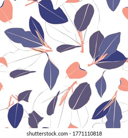 Tropical ficus elastica branches hand drawn seamless pattern. Botanical trendy design in blue and orange colors. Design for fabric, wallpaper or wrap papers.