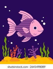 Tropical Fish with algae and coral on seabed on blue background. Vector illustration. Kids collection